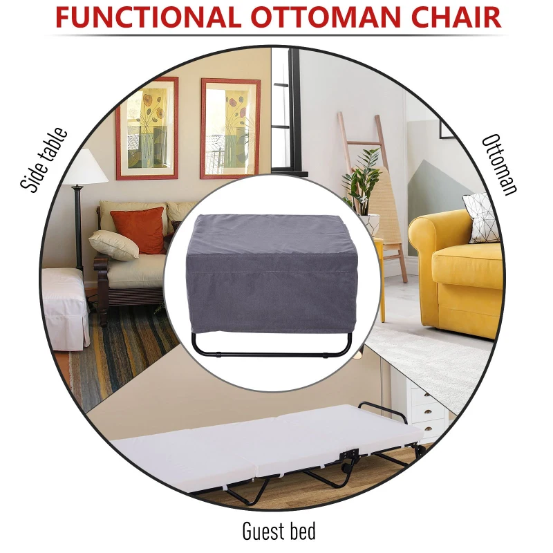 HomCom Folding Convertible Ottoman Sofa Bed with Metal Frame Wheels Cover - White Black Gray