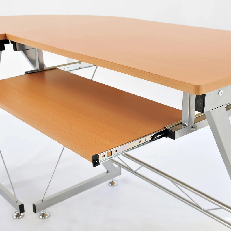 HomCom 67" Wood Corner L-Shaped Computer Desk with Keyboard Tray - Natural Brown