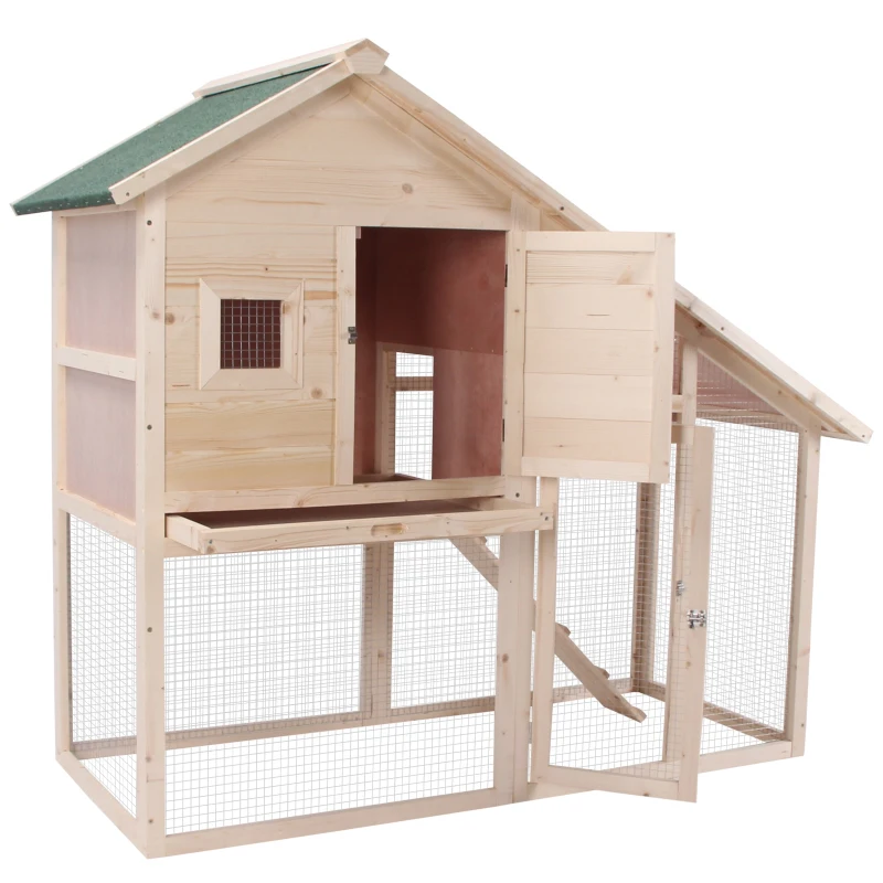 PawHut 55" Wood Double Rabbit Hutch Backyard Cage Small Animal House with Ramp and Outdoor Run