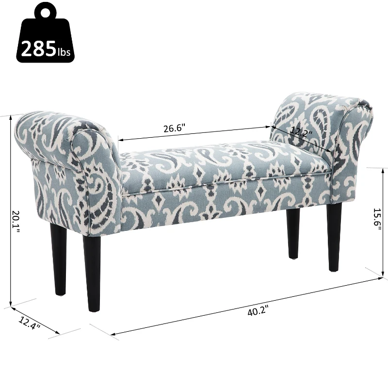 HomCom Chic Linen Upholstered Vanity Accent Ottoman Bench with Armrests - Blue Grey Paisley