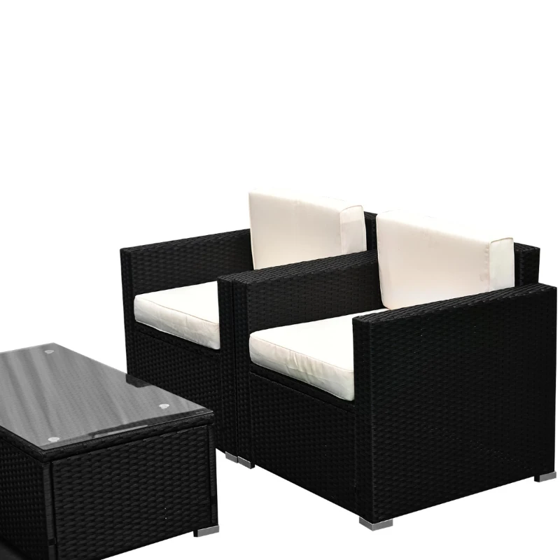 Outsunny 4-Piece Cushioned Patio Rattan Wicker Furniture Set with 2 Chairs, Sectional and Glass Coffee Table - Black