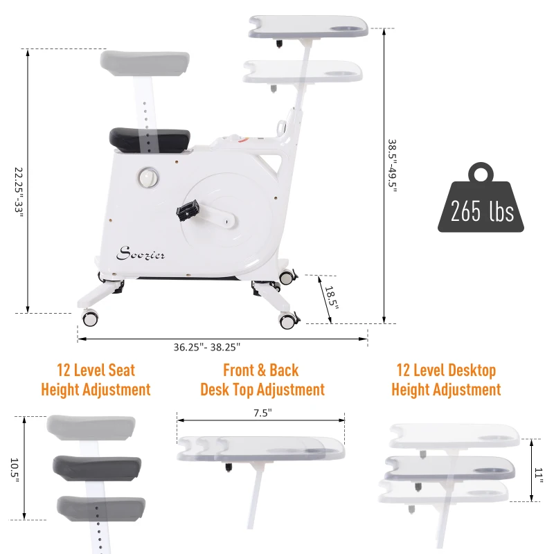Soozier 2-in-1 Stationary Exercise Bike and Tabletop Workstation with LCD Monitor  White