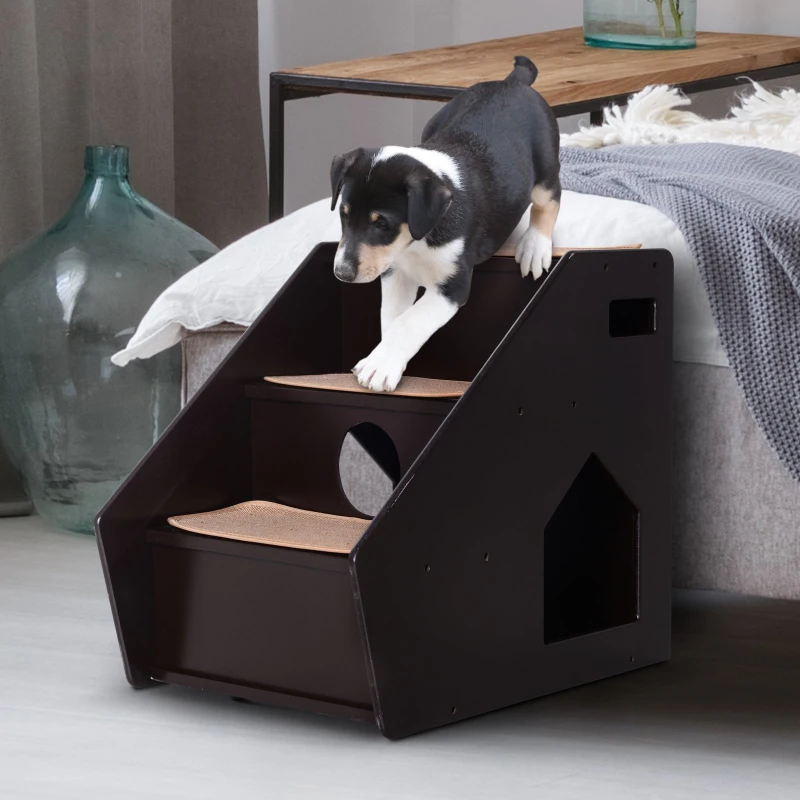 PawHut 3-Step Pet Stairs for Dogs and Cats with Built-in House and Nonslip Carpet, Brown