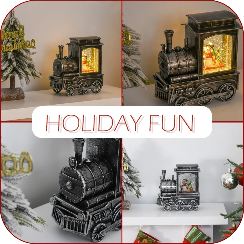 HOMCOM Christmas Snow Globe Lantern Train Shape Music Box with Light Holiday Home Novelty Decorations, Snowman Sledging