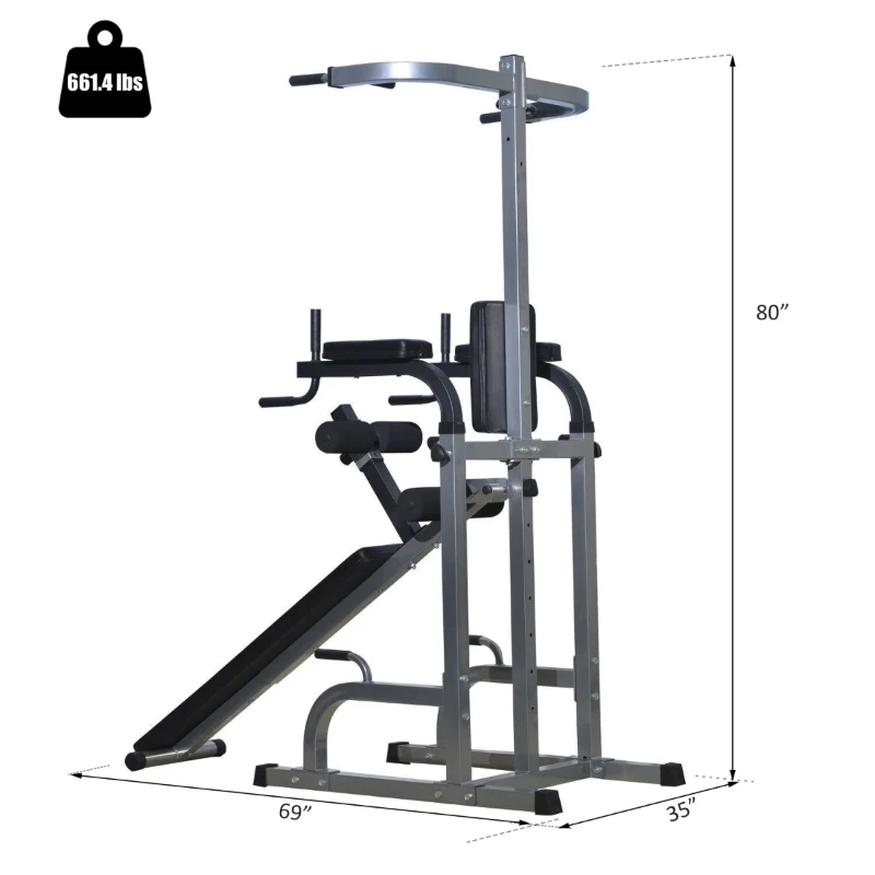 Soozier 80" Full Body Fitness Gear Power Tower Home Gym Fitness with Adjustable Sit-Up Bench