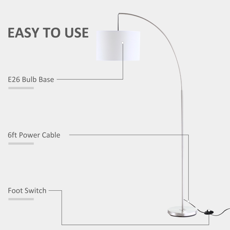 HOMCOM Arc Floor Reading Lamp, Tall Pole Standing Lamp with Hanging Fabric Lampshade for Living Room or Bedroom, Silver/White