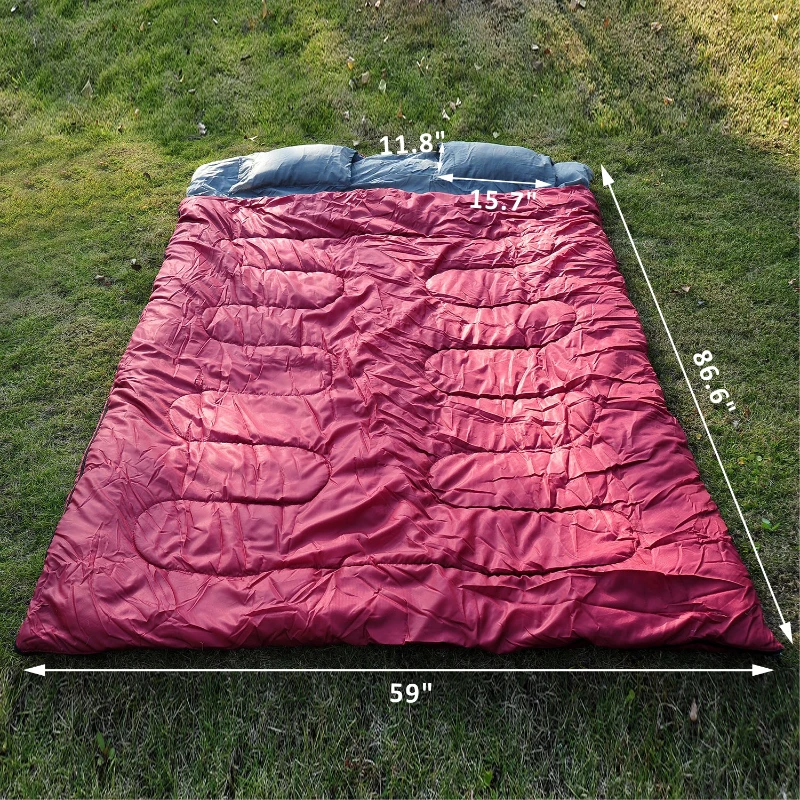 Outsunny 86" x 59" Camping Two-Person Double Wide Sleeping Bag With Pillows - Red / Gray