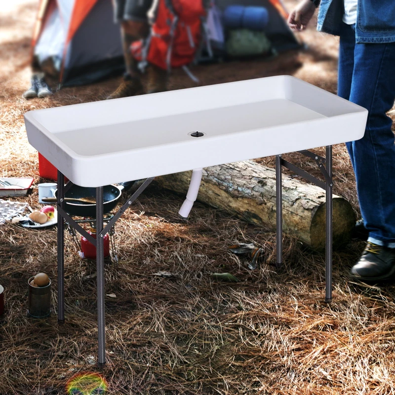 Outsunny Folding Table Fish Fillet Camping Picnic Outdoor Gardening Table w/ Sink - White