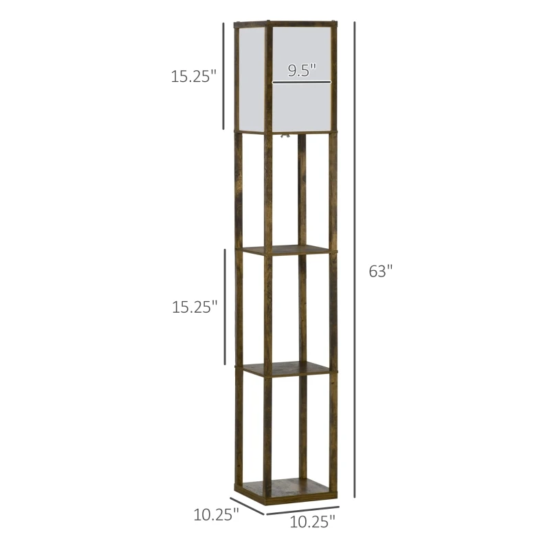 HOMCOM 3-Tier Floor Lamp, Standing Reading Light with Storage Shelves for Living Room, Bedroom, or Dining Room, Rustic Brown