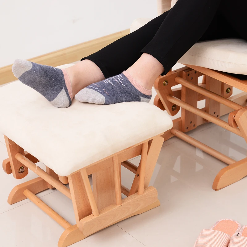 HomCom 2 Piece Ultra-Plush Reclining Rocking Chair with Gliding Ottoman Set - White / Natural Wood