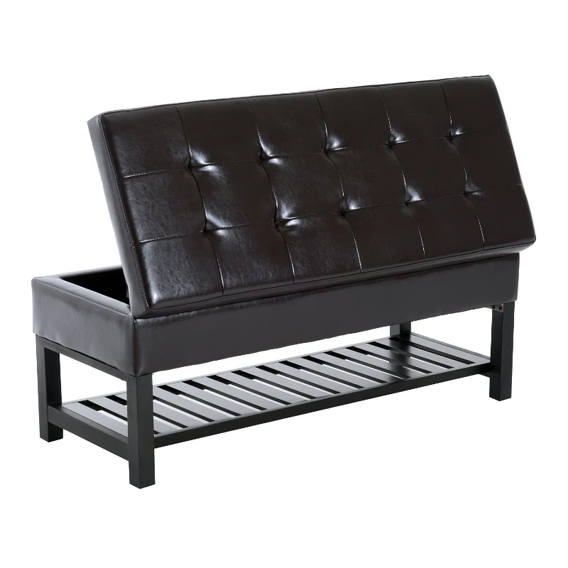 HomCom 44" Modern Entry Faux Leather Bench Seat With Storage And Wooden Shoe Rack - Brown