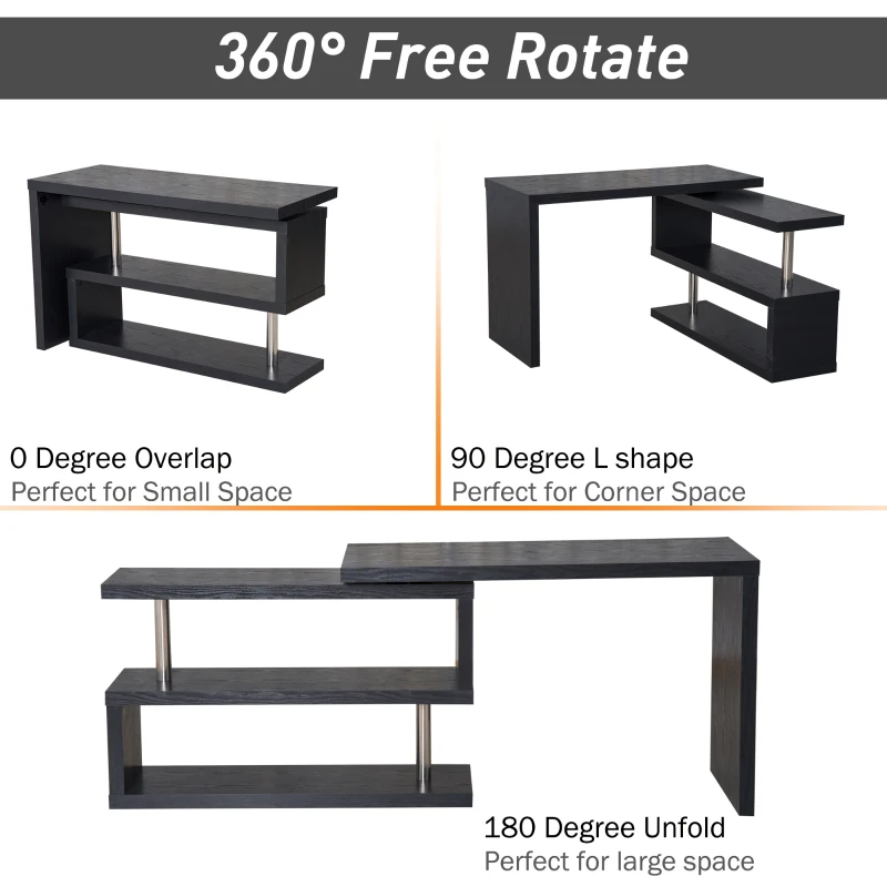 HomCom Foldable Convertible Rotating Office Desk Shelf Combo Writing Table - Black