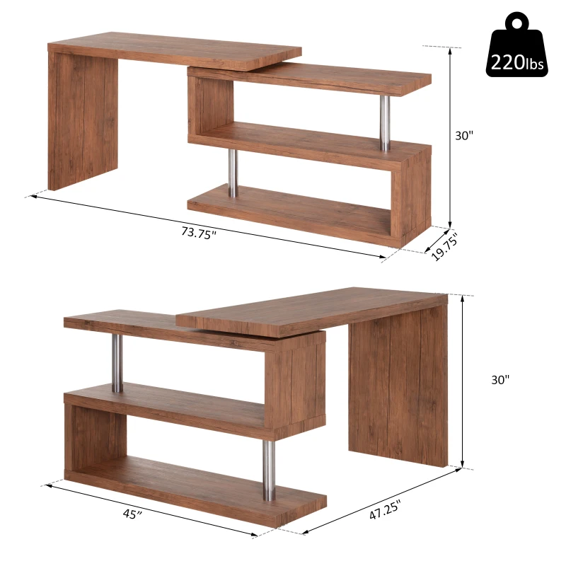 HOMCOM 75" 360 Degree Rotating Corner Computer Desk Modern L-Shaped Home Office Workstation with 2 Storage Shelves, Bookshelf, Walnut Brown