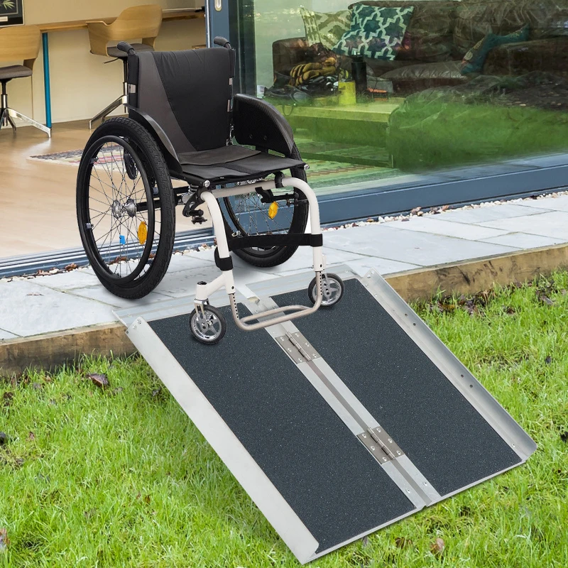 HomCom 2' Portable Traveling Convenient Mobility Ramp Carpeted Aluminum Side Walls Folding