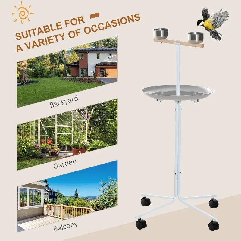 PawHut Rolling Parrot Stand with Lightweight Design, Metal Bird Stand with Wheels, Wooden Parrot Perch Stand, Stainless Steel Bird Food Bowls, Pure White