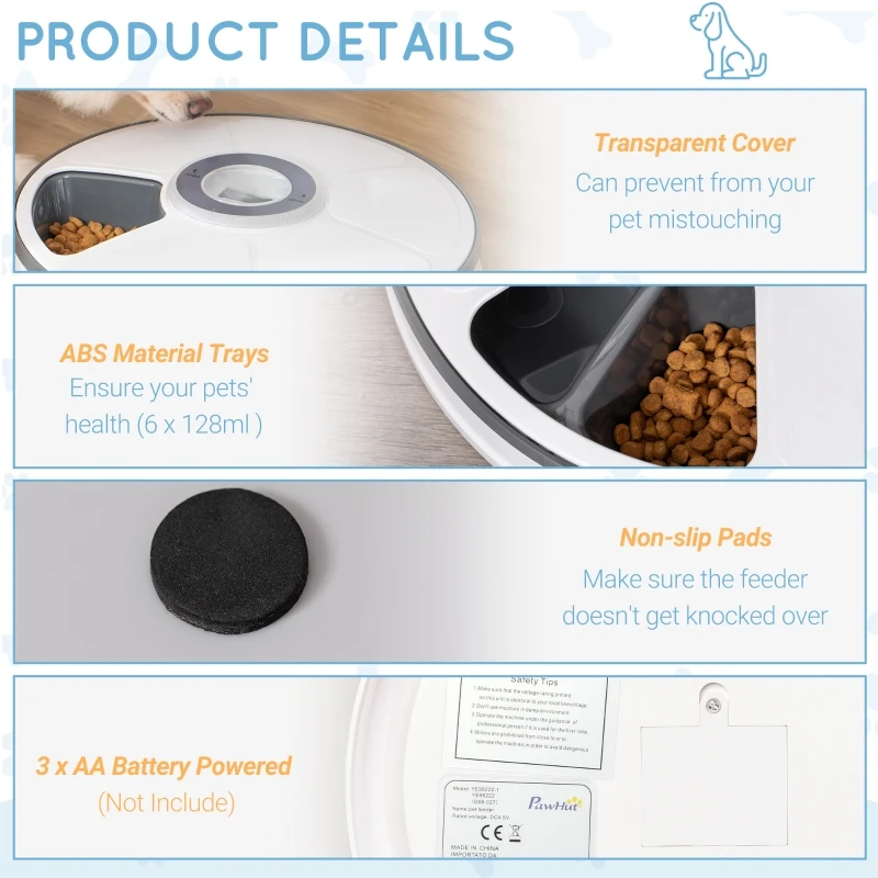 PawHut Auto 6 Meal Trays for Wet or Dry Cat Food, Dog Meal Dispenser w/ Timer, 128 ml
