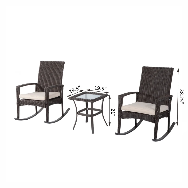Outsunny 3 Piece Outdoor Rocking Chair and Tea Table Set - Coffee Brown/Beige