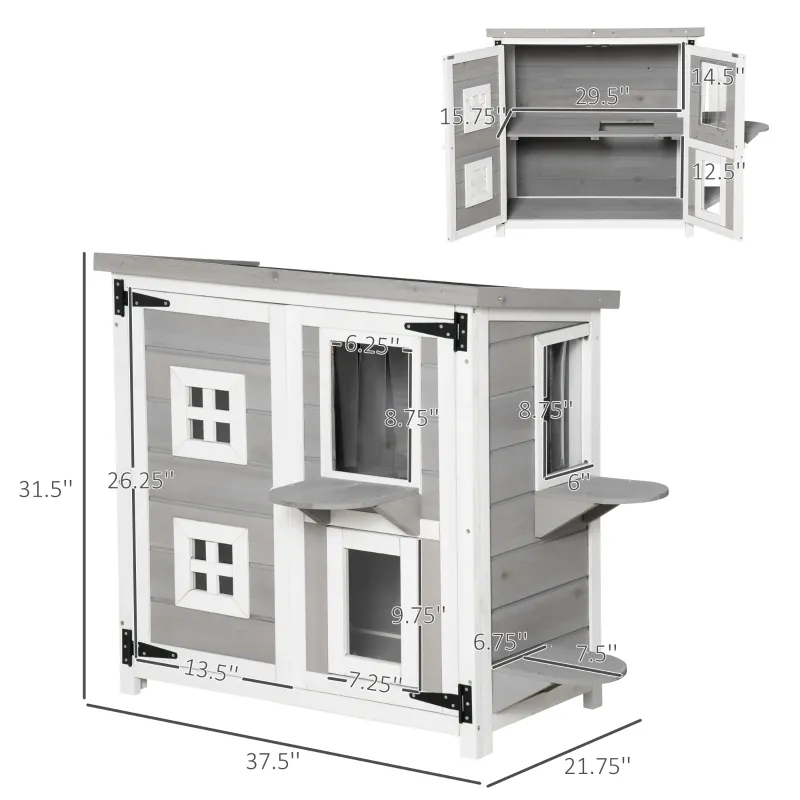 PawHut 2-Tier Cat House, Outdoor Feral Cat Shelter, with Weather Resistant Roof, Escape Door, PVC Curtain, Glass Window, Grey