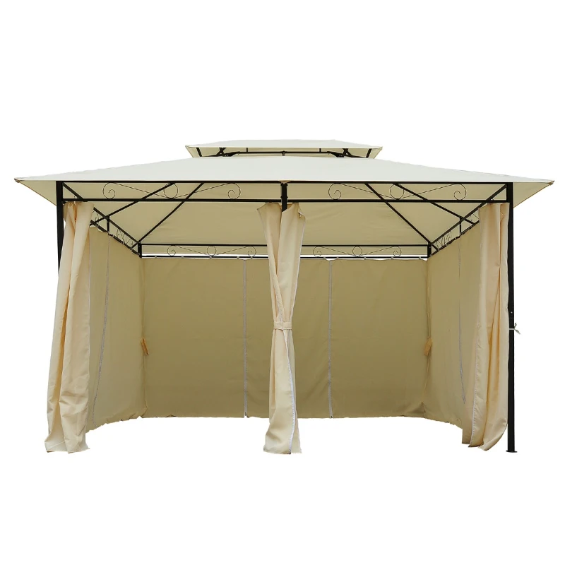 Outsunny 13" x 10" Outdoor Patio Gazebo 2-Tier Roof Pavilion Canopy Tent Steel with Curtains - Cream