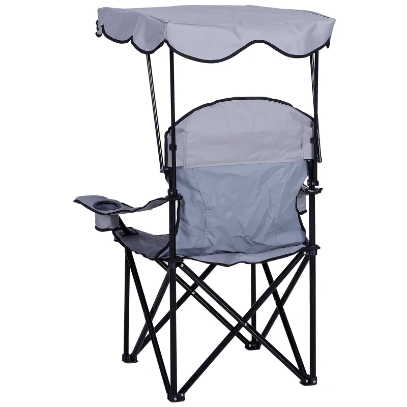 Outsunny Oxford Sports Folding Metal Camping Chair with an Overhead Shade Canopy & an Included Side Cup Holder - Grey