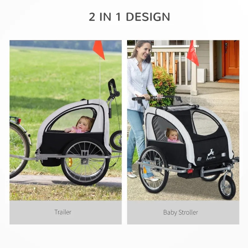 Aosom Elite Double Baby Bike Trailer Stroller Child Bicycle Jogger Swivel Wheel - Black and White