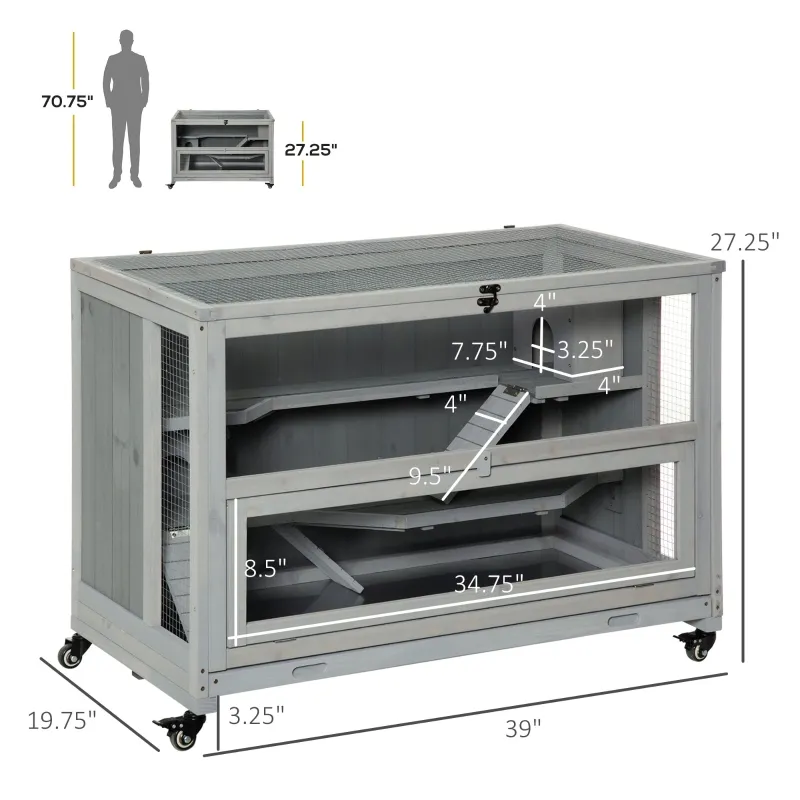 PawHut 3-Tier Wooden Hamster Cage, Small Animals Hutch with Ladders, Light Grey