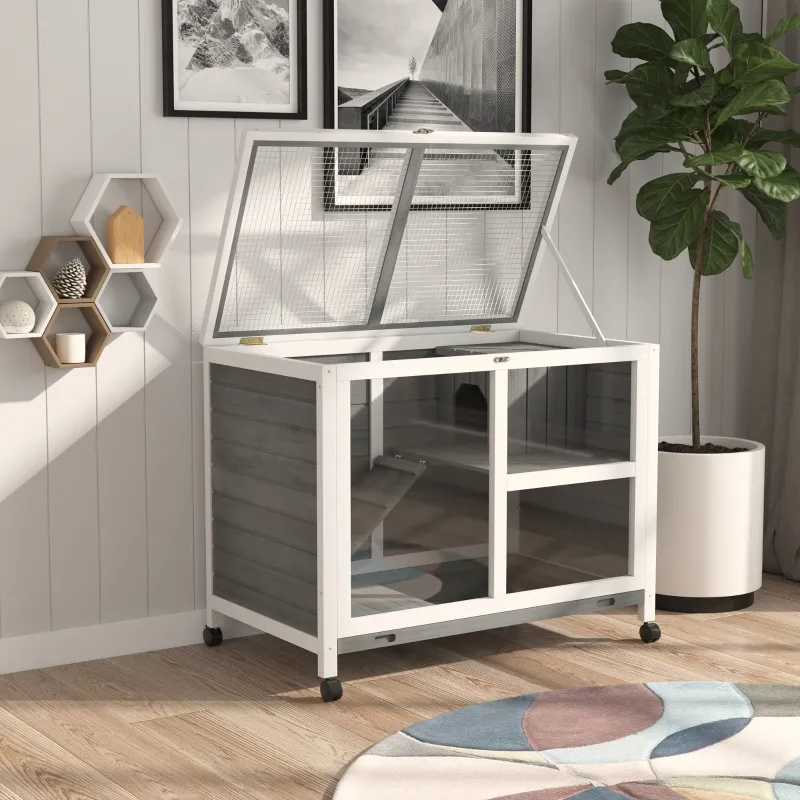 PawHut Outdoor Rabbit Enclosure Solid Wood Pet House with a Main Room for Sleeping and a Cage Area for Playing - Indoor/Outdoor