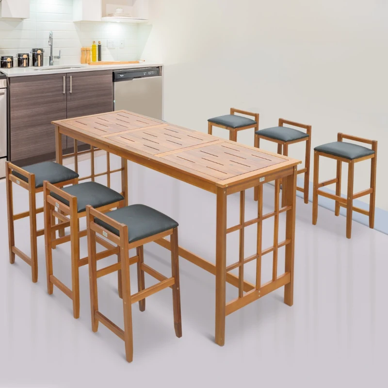 HomCom 7 Piece Acacia Wood Iconic Prairie School Style Bar Height Dining Set - Table/ 6 Stools