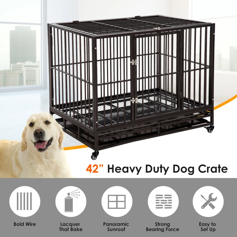 PawHut 42" Heavy Duty Dog Kennel Elevated Rolling Pet Crate Kennel Trays - Brown Vein