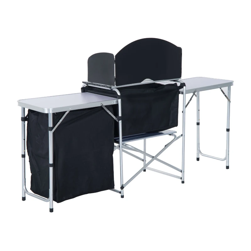 Outsunny 6' Aluminum Portable Fold-Up Camping Kitchen with Windscreen and 3 Enclosed Cupboards