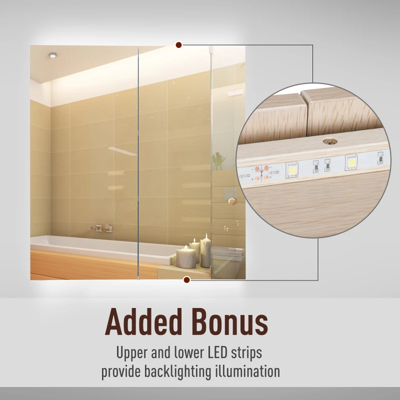 Kleankin 25" x 27" Double Door LED Bathroom Mirror Medicine Cabinet - White Oak