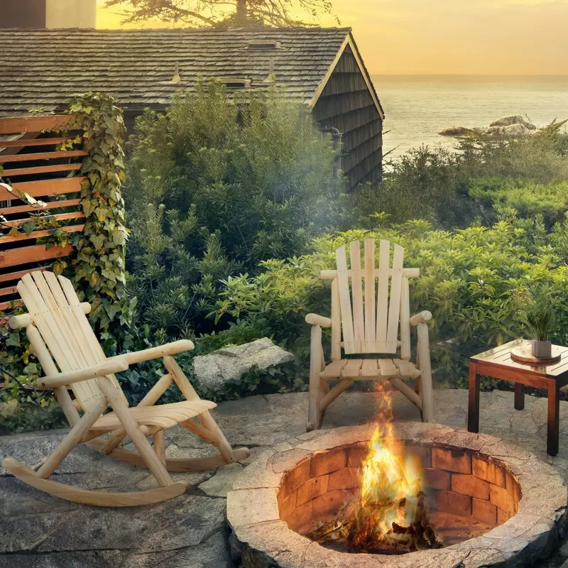 Outsunny 2 Piece Wooden Adirondack Porch Rocking Chair Set, Rustic Slatted Log Rockers for Indoor Outdoor Patio & Lawn, Unpainted, Natural