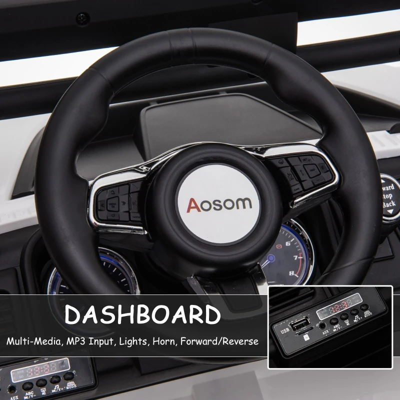 Aosom 12V Ride On Car 2- Seat Police Truck w/ Remote Control & 3 Speeds & LED Light Bar and Audio Input - White