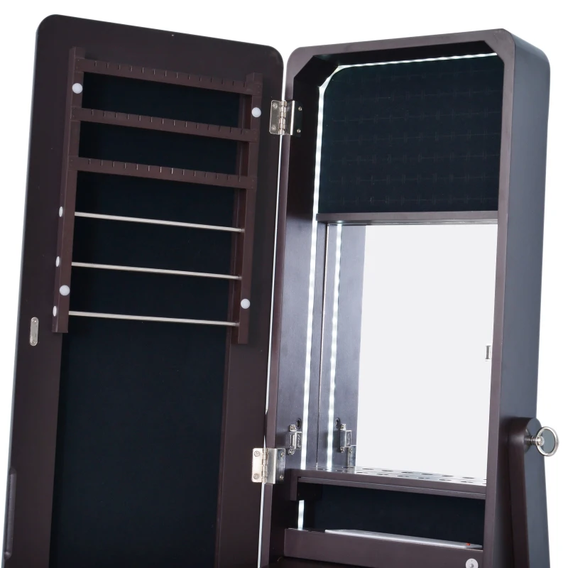 HOMCOM 58” Freestanding LED Jewelry Storage Cabinet Armoire with Full-Length Mirror Dark Coffee