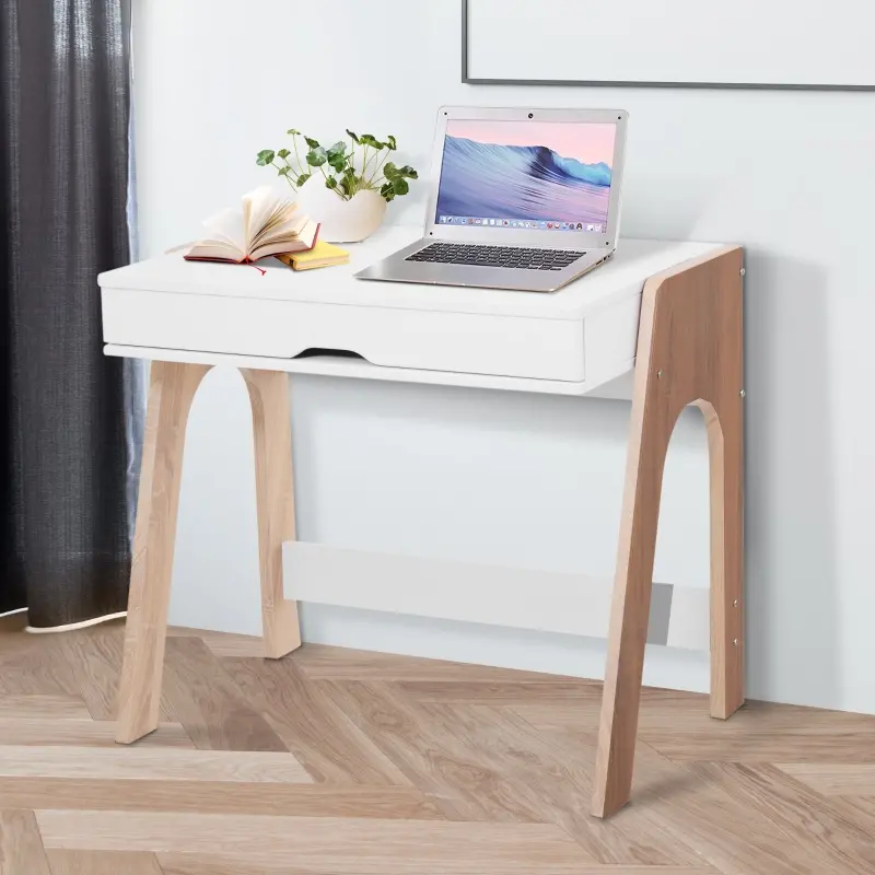 HomCom 33" Wood Modern Flip Top Writing Desk with Storage - White and Oak