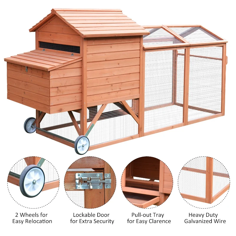 PawHut Large Chicken Coop Pet Farm House Poultry Backyard Run Nest Box W/Wheels - Wood