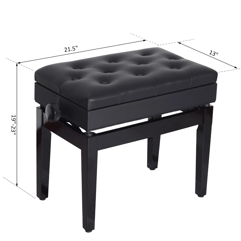 HomCom Traditional Faux Leather Height Adjustable Single Person Storage Piano Bench - Black
