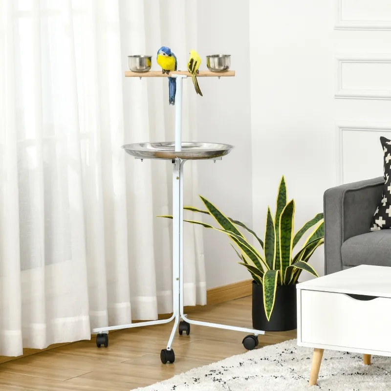 PawHut Rolling Parrot Stand with Lightweight Design, Metal Bird Stand with Wheels, Wooden Parrot Perch Stand, Stainless Steel Bird Food Bowls, Pure White