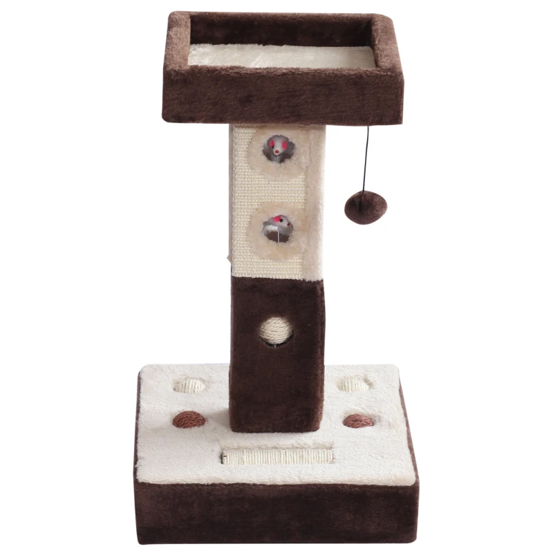 PawHut 2-Tier Cat Tree Tower Scratching Post Furniture with Mice Toy Sisal Ball Roller - Beige / Coffee Brown