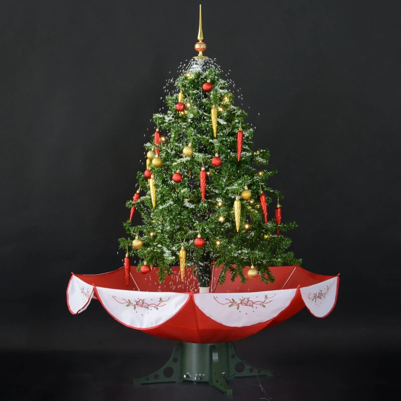 HOMCOM 4.5' Pre-Lit Musical Tabletop Snowing Artificial Christmas Tree with Umbrella Base and Ornaments  Green