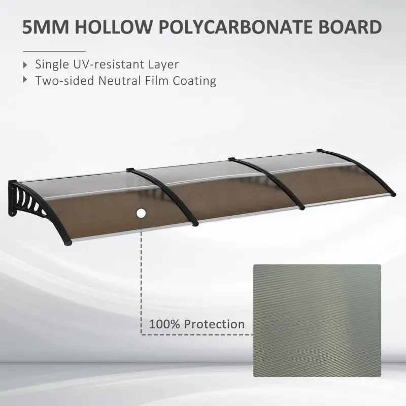 Outsunny Window Awning Door Canopy, 118" x 37.75" Polycarbonate Front Door Outdoor Patio Cover with Hollow Sheet for UV, Rain, Snow and Sunlight Protection, Brown