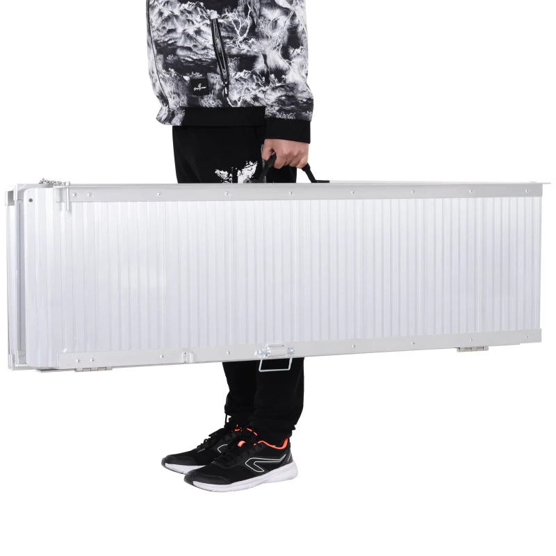 HomCom 10' Portable Tri-Fold Lightweight Aluminum Stair Doorway Entry Disability Ramp - Silver