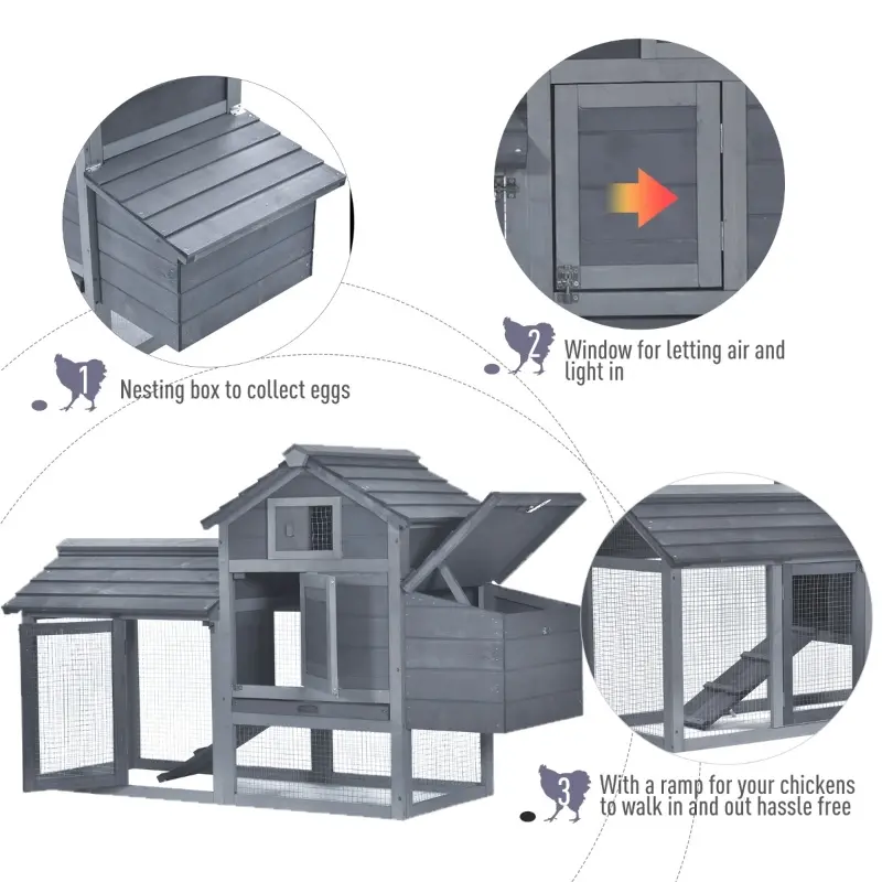 PawHut 59" Solid Wood Enclosed Outdoor Backyard Chicken Coop Kit with Nesting Box - Grey