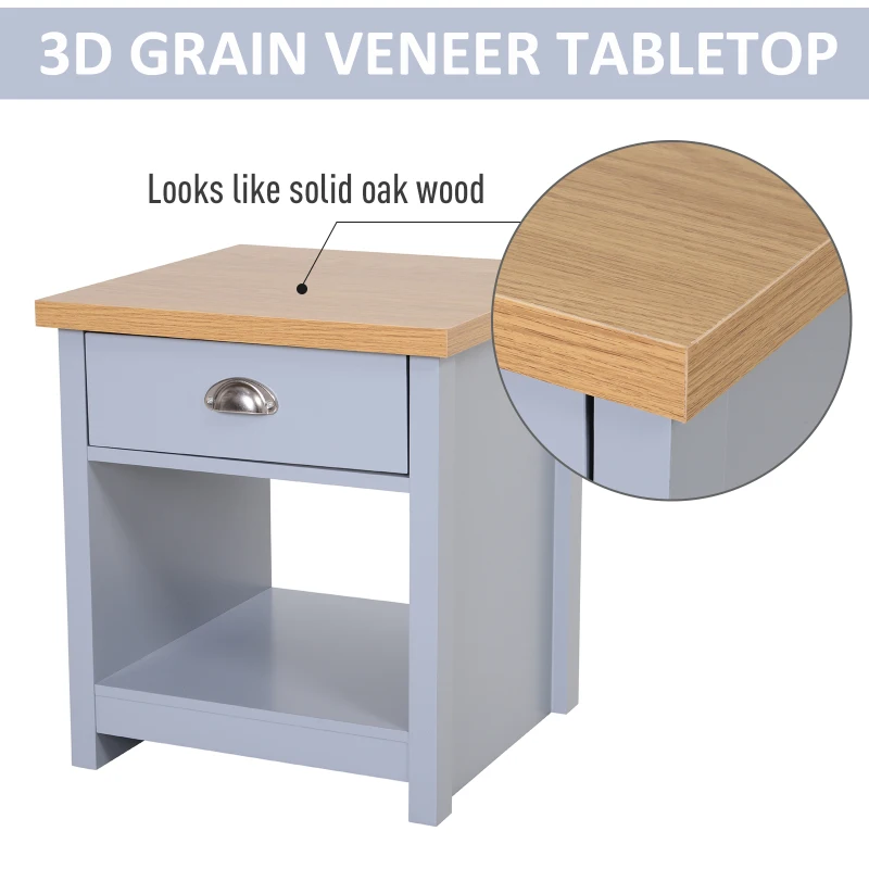 HOMCOM Wood Grain Small Space Nightstand Sofa Table Drawer Bottom Shelf Home -  Grey