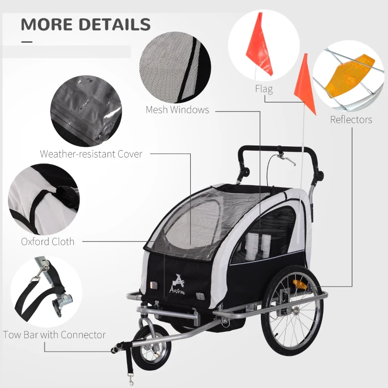 Aosom Elite Double Baby Bike Trailer Stroller Child Bicycle Jogger Swivel Wheel - Black and White