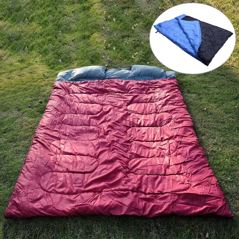 Outsunny 86" x 59" Camping Two-Person Double Wide Sleeping Bag With Pillows - Red / Gray