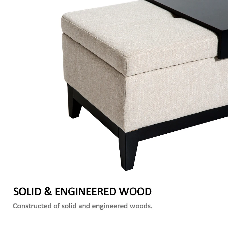 HOMCOM 42" Rectangular Storage Ottoman Bench, Linen Fabric Coffee Table Ottoman with Removable Tray for Living Room, Entryway, or Bedroom, Cream White