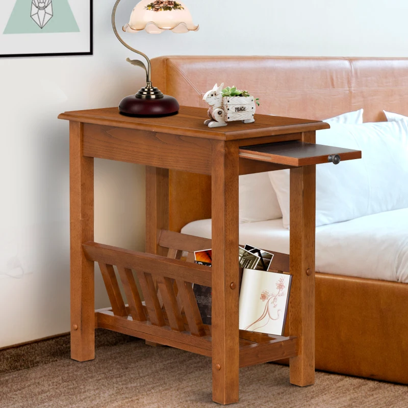 HomCom Modern 2-Tier Acacia Wood End Table Side Desk with Cup Holder and  Lower Shelf - Dark Oak