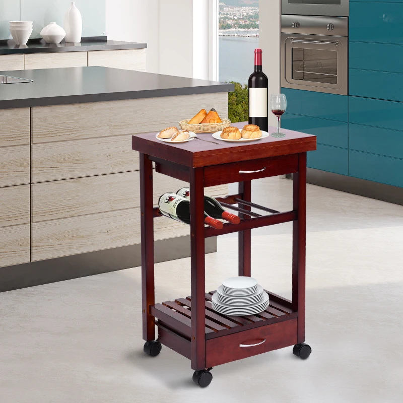 HomCom 19" Wooden Rolling Kitchen Organizer Cart Trolley With Storage Wine Rack