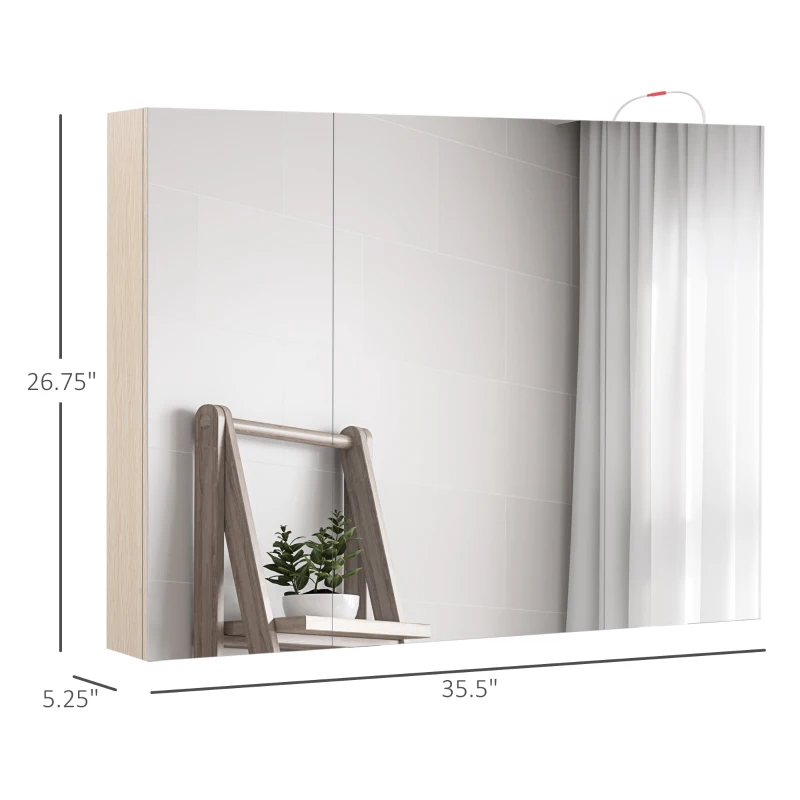 Kleankin 36" x 24" Triple Door LED Bathroom Mirror Medicine Cabinet - White Oak